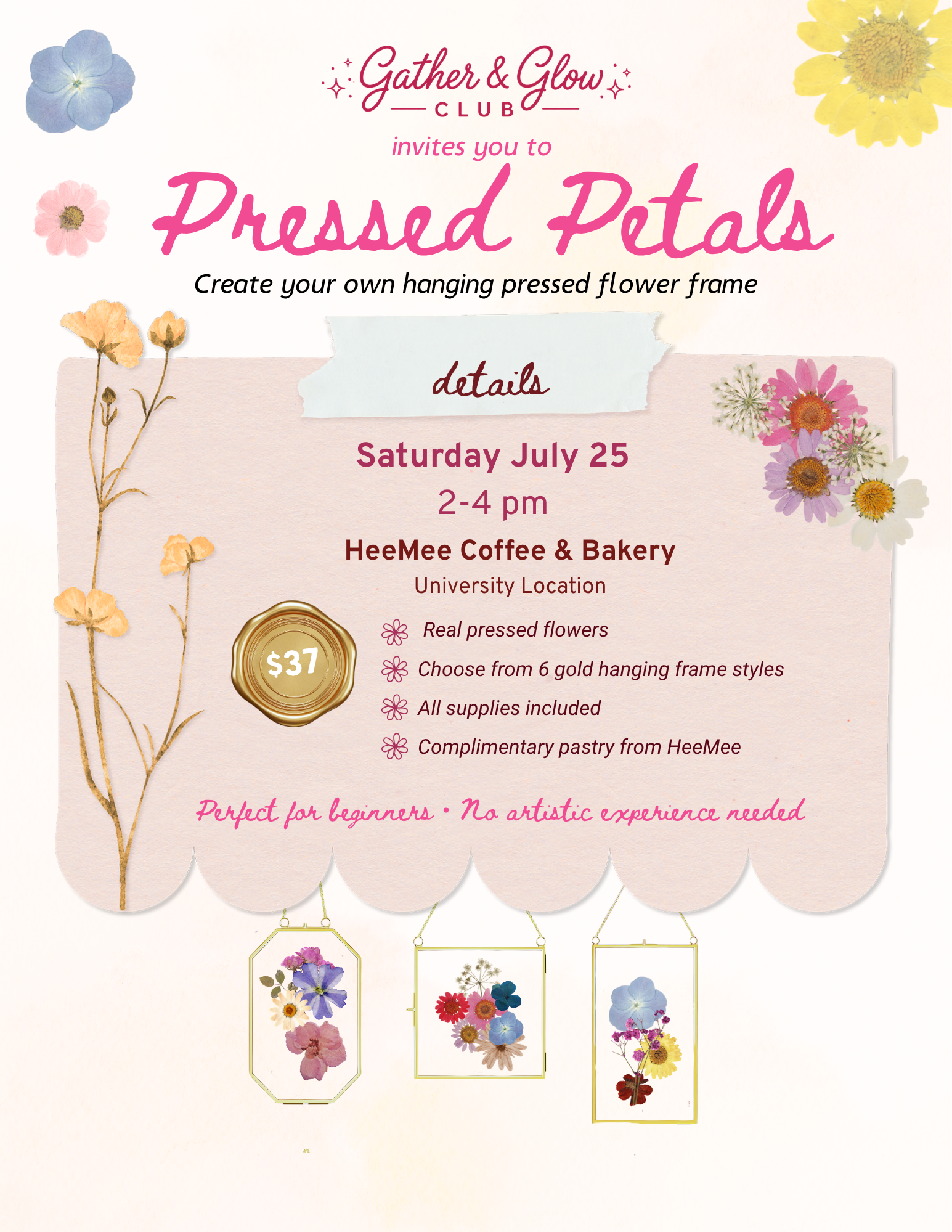 Pressed Petals Gather & Glow Club event flyer